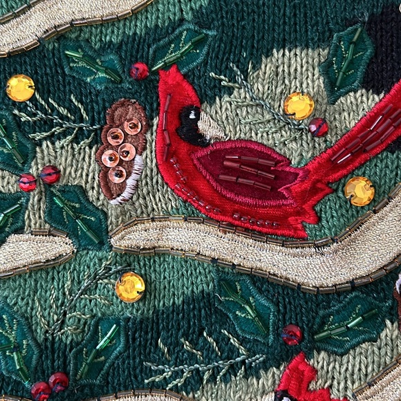 Beads Sequins Embroidery Cardinals Xmas Tree Ramie Cotton Sweater Tiara Int'l Lg - Picture 11 of 14